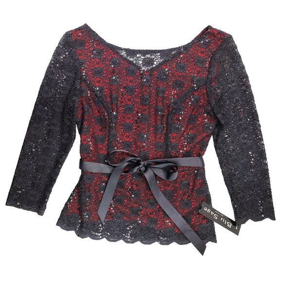 Blu Sage Black Red Lace Sparkle Top Women Small Holiday Party New Year Fancy - Picture 1 of 13